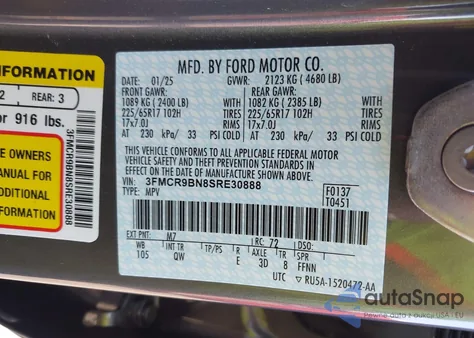 2025 Ford Bronco Sport Big Bend from USA, damaged, VIN 3FMCR9BN8SRE30888